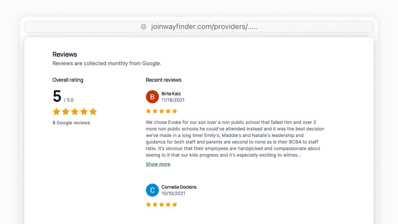 A screenshot of a provider's profile page on Wayfinder's provider directory.