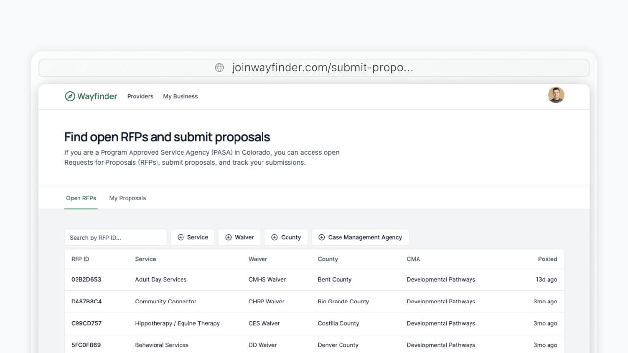 A screenshot of the open RFP search module on Wayfinder.